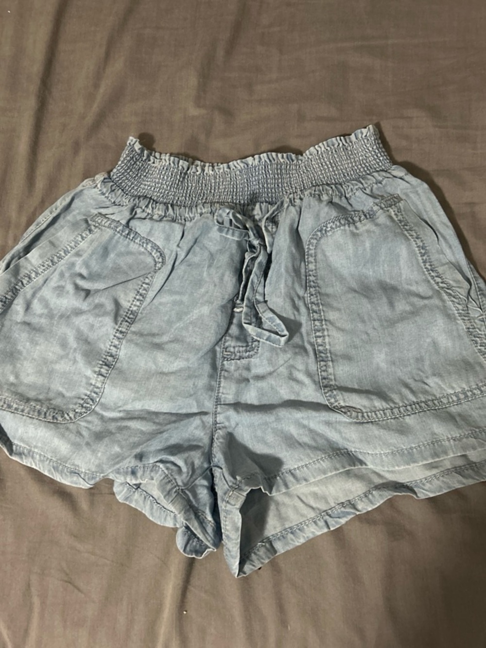 Love Tree Light Blue High-Waist Smocked Tie-Front Shorts